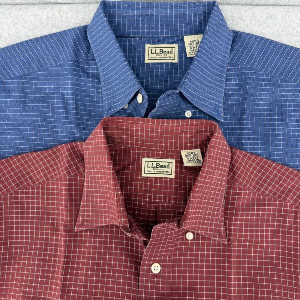 LL Bean Mens 2 Pack Button Down Shirts Medium Red Blue Grid Cotton OMT78 - Picture 7 of 9